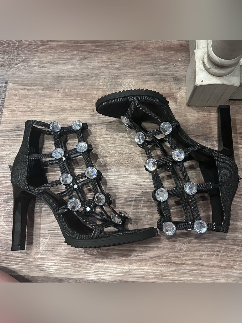 Karl Lagerfeld Black Denim Jeweled Gladiator Stiletto Heels w/Back Zip Closure